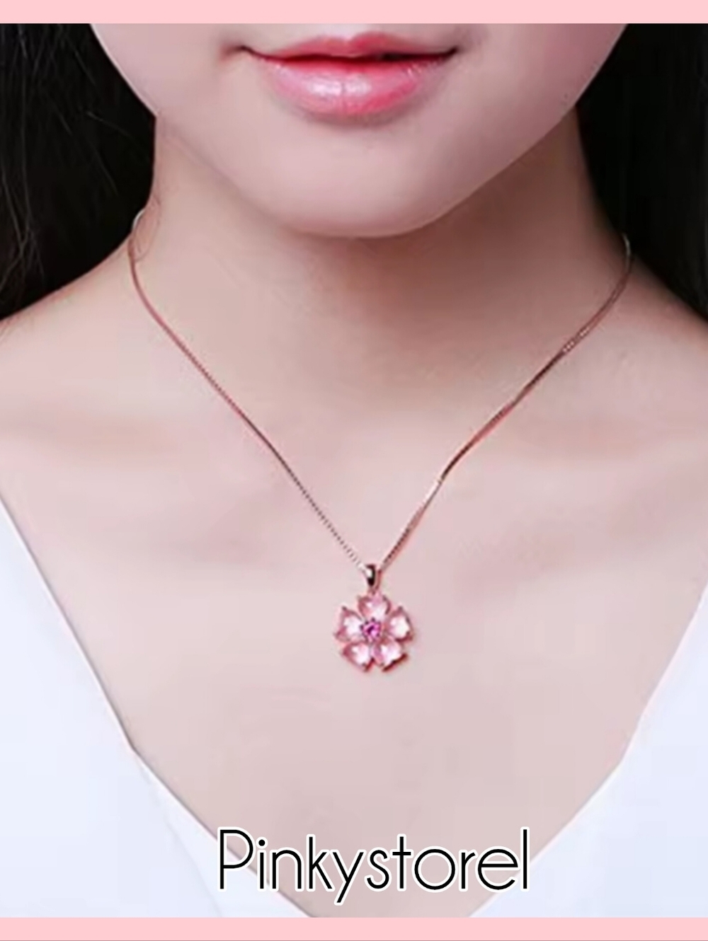 Rose Gold Pink Flower Pendant Necklace with Pink Center - Picture 3 of 7